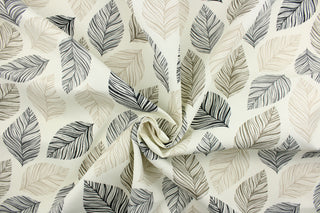 This fabric features ornamental leaves in black and brown on a off white background.  It is perfect for outdoor settings or indoors in a sunny room.  It can withstand up to 500 hours of sunlight and is water and stain resistant.  Perfect for porches, patios and pool side.  Uses include toss pillows, cushions, upholstery, tote bags and more. 