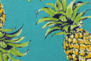  This screen printed fabric features large pineapples on a a teal background and is perfect for outdoor settings and indoors in a sunny room.  It can withstand up to 500 hours of sunlight and is water and stain resistant. Perfect for porches, patios and pool side.  Uses include toss pillows, cushions, upholstery, tote bags and more.  Colors included are yellow, green, black and off white.