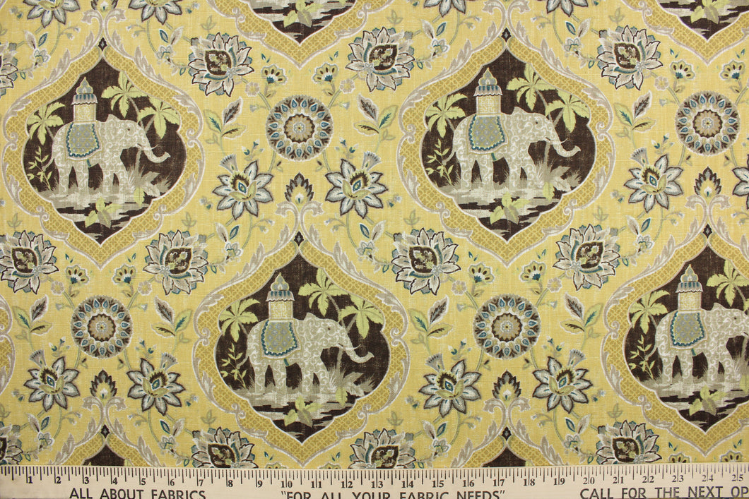  This fabric is screen printed on cotton duck and is very versatile.  It has a medallion design featuring elephants and palm trees with a floral background. It is perfect for window treatments (draperies, valances, curtains, and swags), bed skirts, duvet covers, pillow shams, accent pillows, tote bags, aprons, slipcovers and upholstery. Colors include yellow, grey, brown, green and teal.