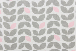 This printed flannel features leaves in gray and pink on a white background.  Uses include apparel,  home decor and crafting.  This fabric has a soft workable feel. 