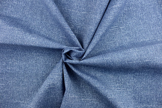 This fabric is a solid blue with hints of white and is perfect for outdoor settings and indoors in a sunny room.  It can withstand up to 500 hours of sunlight and is water and stain resistant. Perfect for porches, patios and pool side.  Uses include toss pillows, cushions, upholstery, tote bags and more.  