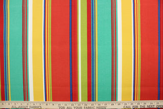 This beautiful outdoor design features stripes in the colors of red, blue, green, yellow and white.  Solarium fabric its able to resist stains and water, withstand up to 500 hours of sunlight and rated at 10,000 double rubs. It is perfect for outdoor pillows, cushions, upholstery, totes, table cloths and more. 