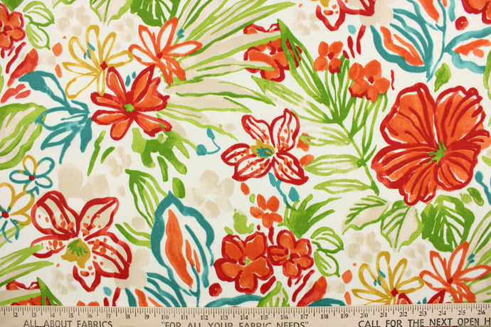  This large floral print design is perfect for any project where the fabric will be exposed to the weather.  Able to resist stains and water, and has a rating of 10,000 double rubs, UV tested and can withstand 500 hours of direct sunlight  Uses include cushions, tablecloths, upholstery projects, decorative pillows and craft projects. This fabric has a slightly stiff feel but is easy to work with.  Colors included are orange, red, green, blue, beige and dull white.
