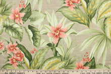 Load image into Gallery viewer, This fabric features large tropical flowers and lush foliage on a solid dark beige background.  It is perfect for outdoor settings or indoors in a sunny room.  It can withstand up to 500 hours of sunlight and is water and stain resistant.  Perfect for porches, patios and pool side.  Uses include toss pillows, cushions, upholstery, tote bags and more.  Colors included are shades of red, green and yellow.
