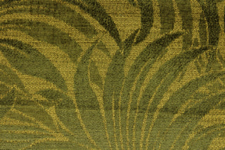 This multi use, hard wearing chenille fabric features large palm leaves in green on a lighter brown background and would be a beautiful accent to your home décor.  It is a heavyweight fabric that is soft and is perfect for upholstery projects, toss pillows, and heavy drapery.