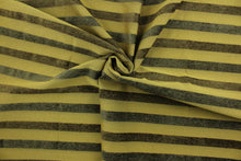 Load image into Gallery viewer, This multi use, hard wearing, textured chenille fabric features a striped design in brown and gold and would be a beautiful accent to your home décor.  It is a heavyweight fabric that is soft and is perfect for upholstery projects, toss pillows, and heavy drapery.
