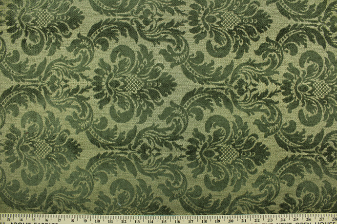 This multi use, hard wearing chenille fabric features a damask pattern in shades of green and would be a beautiful accent to your home décor.  It is a heavyweight fabric that is soft and is perfect for upholstery projects, toss pillows, and heavy drapery.  