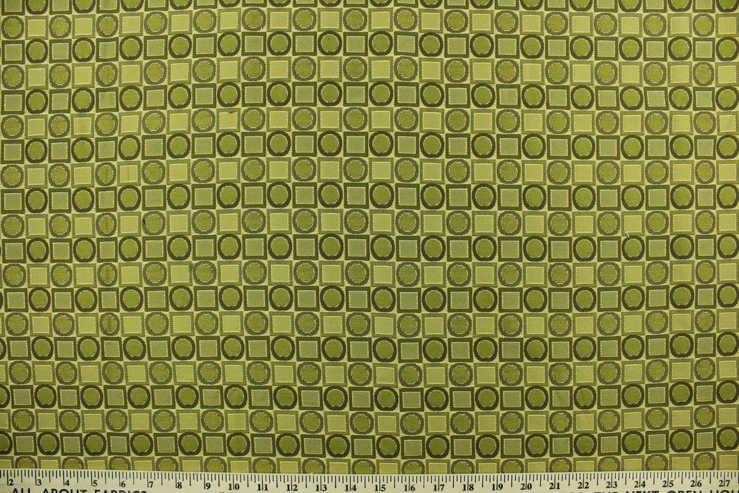 This multi use fabric features a retro design in peridot.  It is durable and hard wearing and would be great for multi-purpose upholstery, bedding, accent pillows and drapery. 