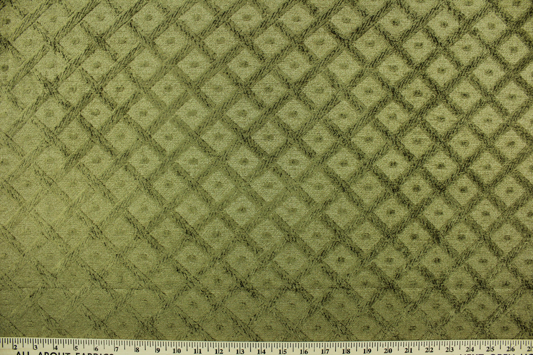 This multi use, hard wearing chenille fabric features a diamond pattern with circles in green and would be a beautiful accent to your home décor.  It is a heavyweight fabric that is soft and is perfect for upholstery projects, toss pillows, and heavy drapery.