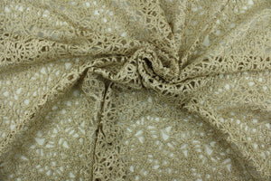 This see through fabric has as firm texture featuring woven mesh lace with metallic gold thread and a scalloped border.  It is perfect for special occasion apparel, costumes, overlays, table tops and decorations.  