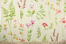Load image into Gallery viewer,  Giardini is a large floral and leaf print with a stripe design in the background.  Colors included are gold, shades of green, lavender, coral, rose and off white against a cream background. 
