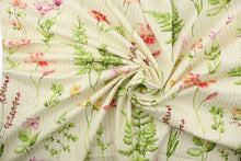 Load image into Gallery viewer,  Giardini is a large floral and leaf print with a stripe design in the background.  Colors included are gold, shades of green, lavender, coral, rose and off white against a cream background. 
