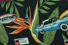 Load image into Gallery viewer, This fabric features old cars and tropical leaves on a black background. The lightweight fabric is easy to sew and has a soft hand.   The versatile fabric makes it great for quilting, crafting and home décor.  Colors include olive green, blue, red, gray, and light orange.

