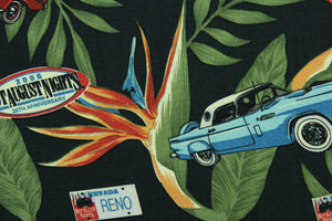 This fabric features old cars and tropical leaves on a black background. The lightweight fabric is easy to sew and has a soft hand.   The versatile fabric makes it great for quilting, crafting and home décor.  Colors include olive green, blue, red, gray, and light orange.