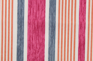 This multi use fabric features a heavy striped design in pink, blue, orange and white.