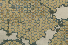 Load image into Gallery viewer, This fabric features a honeycomb design in a metallic gold, blue, and taupe .
