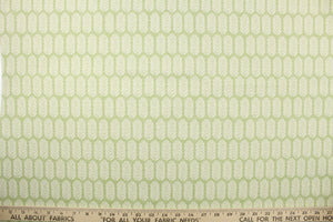 This fabric features a leaf design in white set against a light green. 