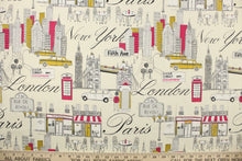 Load image into Gallery viewer, This fabric features a London city design in dark hot pink, mustard yellow, white, gray and black set against an off white . 
