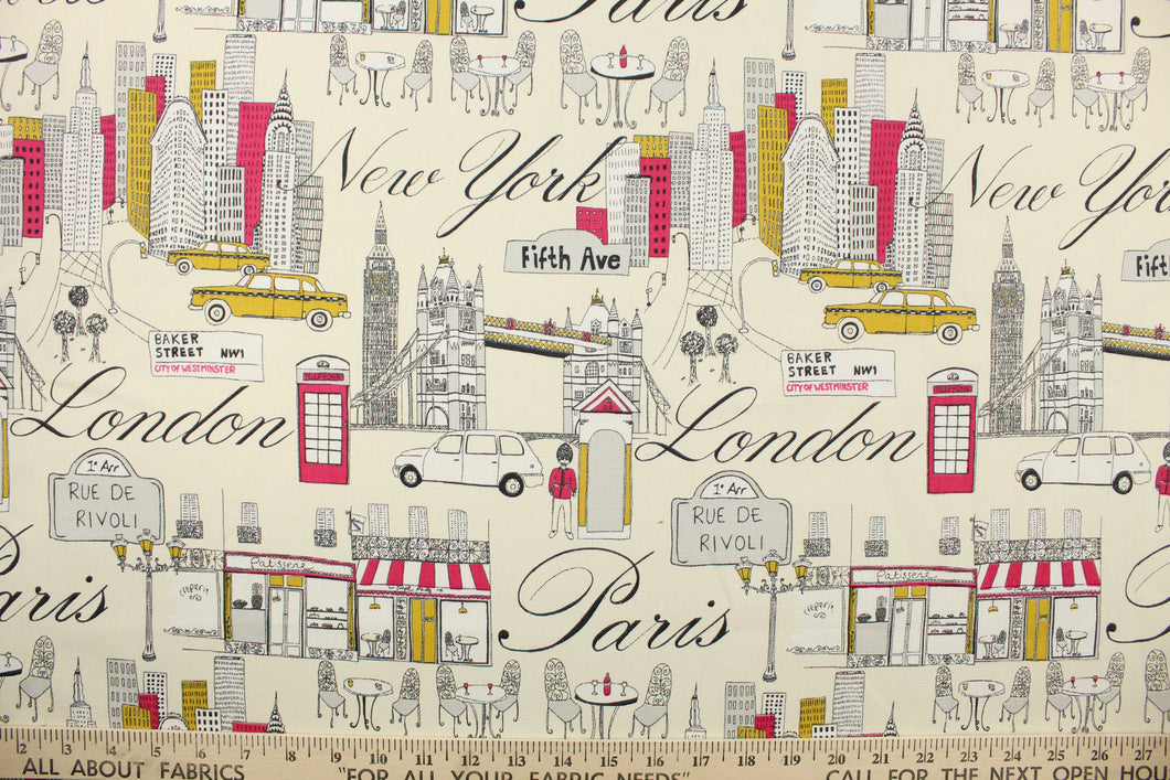 This fabric features a London city design in dark hot pink, mustard yellow, white, gray and black set against an off white . 