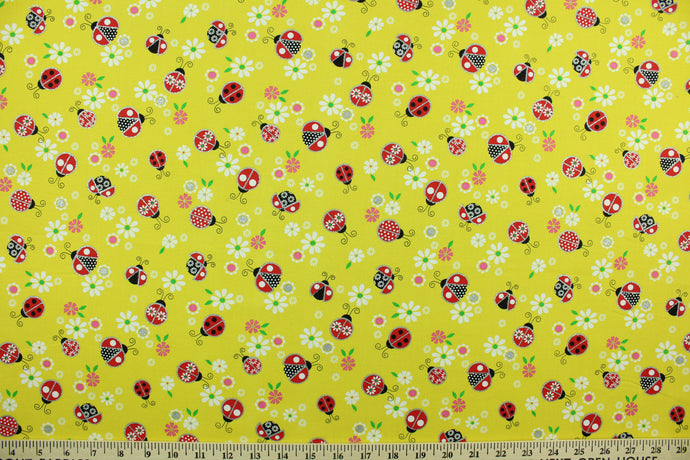 This fabric features ladybugs and flowers with silver accents.  Colors included are red, white, black, pink, green, and yellow.  This lightweight fabric is easy to sew and has a soft hand.   The versatile fabric makes it great for quilting, crafting and home décor.