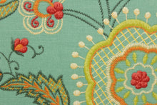 Load image into Gallery viewer, This fabric features a floral design in  green, orange, cream, dark pink, yellow and dark gray against a blue green.
