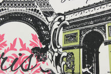 Load image into Gallery viewer, This fabric features a Paris design in black, white, pink, light turquoise and green .
