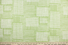 Load image into Gallery viewer, This fabric features a geometric design in a light green and white. 
