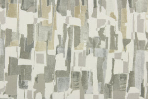 This fabric features an abstract design in gray beige, taupe, and white .