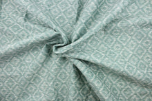 Load image into Gallery viewer, This chenille fabric features a geometric design in light aqua blue, gray and white. 

