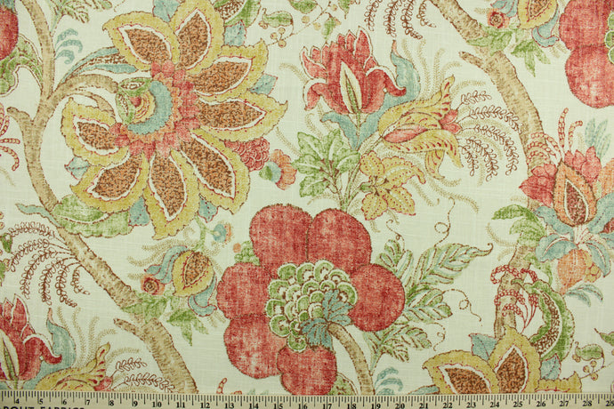 This fabric features a floral design in red, green, light brown, powder blue and beige.  Use this for upholstery, drapery, slipcovers, pillows, bedding.  This fabric offers a soil and stain repellant finish and a durability rating of a minimum of 15,000 double rubs. 