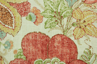 This fabric features a floral design in red, green, light brown, powder blue and beige.  Use this for upholstery, drapery, slipcovers, pillows, bedding.  This fabric offers a soil and stain repellant finish and a durability rating of a minimum of 15,000 double rubs. 