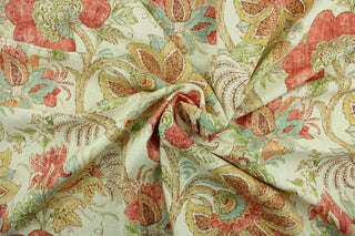 This fabric features a floral design in red, green, light brown, powder blue and beige.  Use this for upholstery, drapery, slipcovers, pillows, bedding.  This fabric offers a soil and stain repellant finish and a durability rating of a minimum of 15,000 double rubs. 