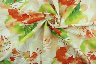  Waldman features a large watercolor floral design in shades of orange, coral and green on a white background.  It can be used for several different statement projects including window accents (drapery, curtains and swags), decorative pillows, hand bags, bed skirts, duvet covers, light duty upholstery and craft projects.  It has a soft workable feel yet is stable and durable.  