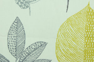 Rynell is a versatile medium/heavyweight fabric featuring a a leaf design in grey, brown, yellow and off-white.  It can be used for several different statement projects including window accents (drapery, curtains and swags), decorative pillows, hand bags, bed skirts, duvet covers, upholstery and craft projects.  