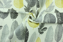 Load image into Gallery viewer, Rynell is a versatile medium/heavyweight fabric featuring a a leaf design in grey, brown, yellow and off-white.  It can be used for several different statement projects including window accents (drapery, curtains and swags), decorative pillows, hand bags, bed skirts, duvet covers, upholstery and craft projects.  
