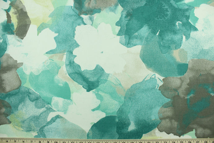Revennata features a large floral watercolor design in teal, white, beige and gray.  It can be used for several different statement projects including window accents (drapery, curtains and swags), decorative pillows, hand bags, bed skirts, duvet covers, light duty upholstery and craft projects.   