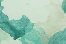 Load image into Gallery viewer, Revennata features a large floral watercolor design in teal, white, beige and gray.  It can be used for several different statement projects including window accents (drapery, curtains and swags), decorative pillows, hand bags, bed skirts, duvet covers, light duty upholstery and craft projects.   
