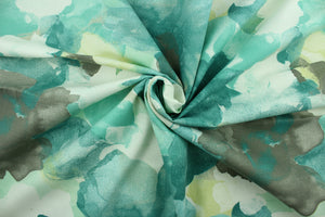 Revennata features a large floral watercolor design in teal, white, beige and gray.  It can be used for several different statement projects including window accents (drapery, curtains and swags), decorative pillows, hand bags, bed skirts, duvet covers, light duty upholstery and craft projects.   