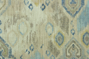 Prescott features an ikat print in shades of blue, beige, light gold and off white.  It can be used for several different statement projects including window accents (drapery, curtains and swags), decorative pillows, hand bags, bed skirts, duvet covers, light duty upholstery and craft projects.   