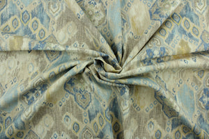 Prescott features an ikat print in shades of blue, beige, light gold and off white.  It can be used for several different statement projects including window accents (drapery, curtains and swags), decorative pillows, hand bags, bed skirts, duvet covers, light duty upholstery and craft projects.   
