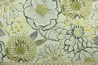 Laurent offers a large floral design in the colors of golden yellow, grey and taupe on a natural background.  It can be used for several different statement projects including window accents (drapery, curtains and swags), decorative pillows, hand bags, bed skirts, duvet covers, light duty upholstery and craft projects.  It has a soft workable feel yet is stable and has a durability of 15,000 double rubs.