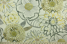 Load image into Gallery viewer, Laurent offers a large floral design in the colors of golden yellow, grey and taupe on a natural background.  It can be used for several different statement projects including window accents (drapery, curtains and swags), decorative pillows, hand bags, bed skirts, duvet covers, light duty upholstery and craft projects.  It has a soft workable feel yet is stable and has a durability of 15,000 double rubs.
