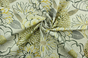Laurent offers a large floral design in the colors of golden yellow, grey and taupe on a natural background.  It can be used for several different statement projects including window accents (drapery, curtains and swags), decorative pillows, hand bags, bed skirts, duvet covers, light duty upholstery and craft projects.  It has a soft workable feel yet is stable and has a durability of 15,000 double rubs.