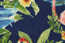 Load image into Gallery viewer,  This outdoor fabric features a flamingo design in pink, red, green, blue, and yellow set against a navy blue background . 
