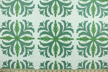 Load image into Gallery viewer, Joleen features a large leaf design in green on a white background.  Uses include drapery, pillows, light upholstery, table runners, bedding, headboards and home décor.
