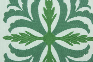 Joleen features a large leaf design in green on a white background.  Uses include drapery, pillows, light upholstery, table runners, bedding, headboards and home décor.