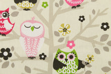 Load image into Gallery viewer, This fabric features owls sitting in trees design in hot pink, lime green, gray, mustard yellow, dark brown, pink, white, and off white .
