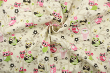 Load image into Gallery viewer, This fabric features owls sitting in trees design in hot pink, lime green, gray, mustard yellow, dark brown, pink, white, and off white .
