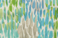 Load image into Gallery viewer, This outdoor fabric features a colorful design in turquoise, green, gray, blue and white . 
