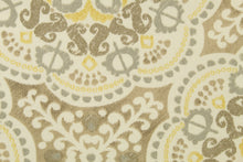 Load image into Gallery viewer, This  fabric features a medallion design in gray, taupe, yellow, and dull white .
